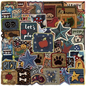 May include: A collection of assorted fabric patches featuring various shapes including stars, squares, and rectangles. Designs include an apple, paw prints, bones, smiley faces, and text such as "let's play," "happy," and "rich" in diverse colors.