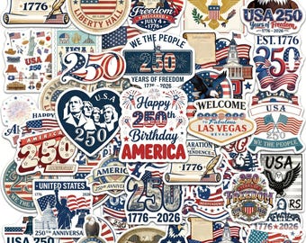 Pacote com 50 adesivos comemorativos do 250º aniversário dos EUA, adesivos patrióticos da América (1776-2026), adesivos do Dia da Independência para laptops.