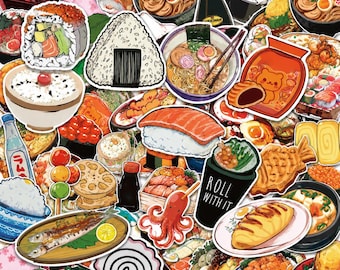 55PCS Japanese Cuisine Sticker Pack, Tasty Stickers, Cute Stickers, Gourmet Stickers, Kawaii Stickers for Bento Boxes, Menus, Lunch Notes