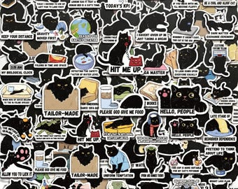 Pacote com 50 adesivos de gato preto preguiçoso, adesivos engraçados, adesivos de memes, adesivos aconchegantes, adesivos melancólicos para laptops, cafés com gatos, mesas de escritório.