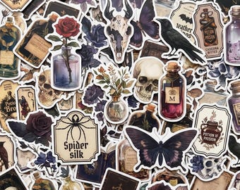 Pacote com 50 adesivos Dark Apothecary, adesivos góticos, adesivos antigos, adesivos de poções, adesivos botânicos para diários, álbuns e decoração de prateleiras.