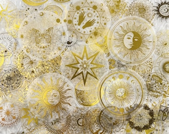 Pacote com 50 adesivos dourados celestiais, adesivos metalizados transparentes, adesivos de estrelas, adesivos místicos, adesivos dourados para planners, artesanato em resina e janelas.