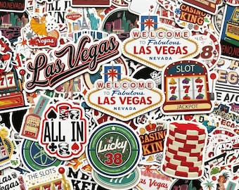 Pacote com 50 adesivos de viagem de Las Vegas, adesivos de cassino, adesivos de dados, adesivos retrô, adesivos da sorte para álbuns de viagem, lembrancinhas de festa, malas.