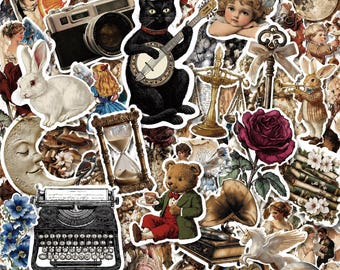 Pacote com 50 adesivos antigos de coelho, adesivos vintage, adesivos de borboleta, adesivos de máquina de escrever, adesivos de chave para diários e álbuns.