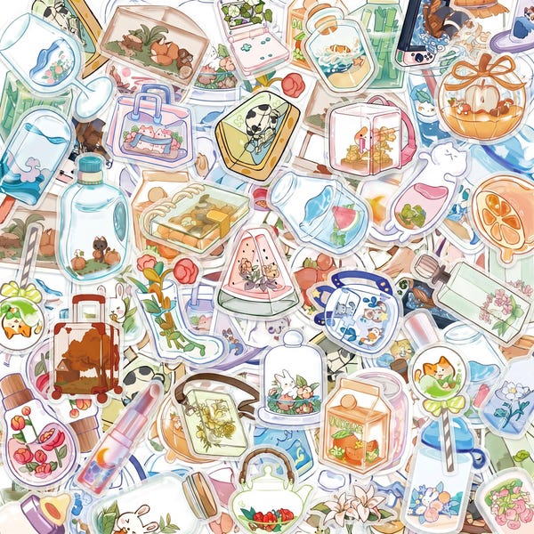 50PCS Cute Bottle Sticker Pack, Clear Stickers, Adorable Stickers, Drink Stickers, Floral Stickers for Planners, Phone Cases, Desk Decor