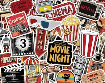 50 STÜCKE Kino Nacht Aufkleber, Film Aufkleber, Popcorn Aufkleber, Film Aufkleber, Retro Theater Aufkleber für Laptops, Zeitschriften