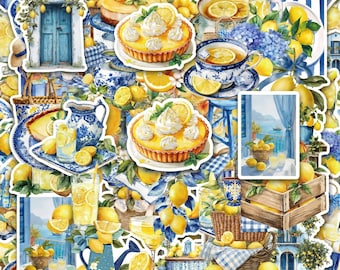 Pacote com 50 adesivos de porcelana com estampa de limão, adesivos transparentes de PET, adesivos de azulejo azul, adesivos de frutas mediterrâneas para diários e álbuns de recortes.