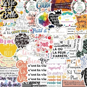 May include: A collection of assorted stickers featuring various motivational phrases in French, including La Vie est Belle, C'est la vie, and Etudiez Dur. The stickers display diverse typography, floral illustrations, and colorful graphic elements on a white background.