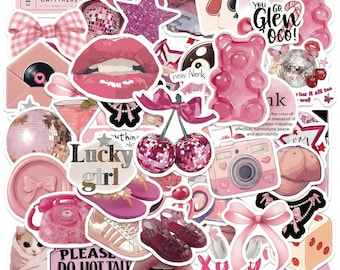 50 STÜCKE rosa glückliches Mädchen Aufkleber, ästhetische Aufkleber, niedliche Aufkleber, trendige Aufkleber, rosa Aufkleber für Planer, Telefonhüllen, Spiegel