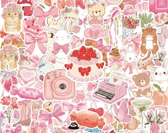 Pacote com 50 adesivos Pink Coquette, adesivos fofos, adesivos de laço, adesivos femininos, adesivos em tons pastel para capas de celular, agendas e sacolas de presente.