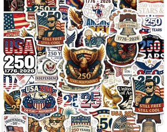 Pacote com 50 adesivos dos EUA, modelo 250 Independence, adesivos vintage da América (1776-2026), adesivos patrióticos da liberdade para laptops.