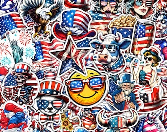 Pacote com 50 adesivos patrióticos dos EUA, adesivos vermelhos, brancos e azuis, adesivos da bandeira com águia, adesivos do Quatro de Julho para laptops.
