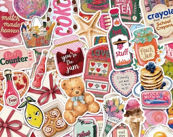 Pacote com 50 adesivos de lanches caseiros, adesivos vintage, adesivos doces, adesivos retrô, adesivos fofos para álbuns de recortes, livros de receitas e sacolas de presentes.