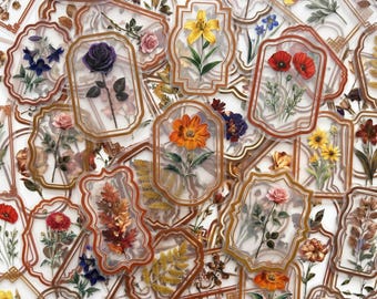 Pacote com 50 adesivos de flores prensadas emolduradas, adesivos transparentes de PET, adesivos botânicos, adesivos de flores secas para diários, álbuns e cartões de felicitação.