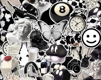 Pacote com 50 adesivos monocromáticos estéticos, minimalistas, com estampa de vaca, leite e gato, ideais para cadernos e laptops.