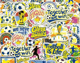 Pacote com 50 adesivos motivacionais de futebol, adesivos de futebol amarelo e azul, adesivos de gols da Copa do Mundo para laptops.