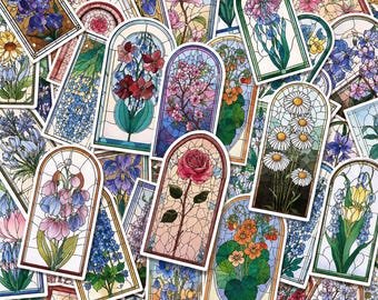 50PCS Stained Glass Flower Sticker Pack, Floral Stickers, Window Stickers, Garden Stickers, Vintage Stickers for Journals, Albums, Gift Wrap