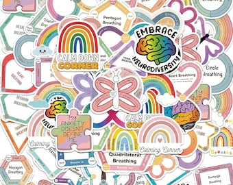 50 STÜCKE Calm Breathing Sticker Pack, achtsame Aufkleber, Regenbogenaufkleber, Schulaufkleber, Therapieaufkleber für ruhige Ecken, Lehrer, Kinder