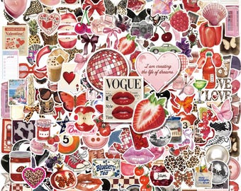 Pacote com 50 adesivos vermelhos estéticos, adesivos vintage, adesivos de cereja, adesivos modernos, adesivos para colagens para murais de inspiração, armários e álbuns.