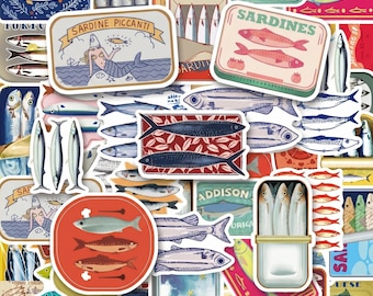 Pacote com 50 adesivos retrô de sardinha, adesivos de frutos do mar, adesivos de peixe enlatado, adesivos de alimentos do oceano, adesivos vintage para cadernos, decoração de cozinha.
