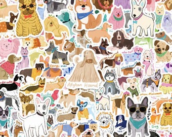 Pacote com 50 adesivos de raças de filhotes, adesivos adoráveis, adesivos em tons pastel suaves, adesivos de cachorros, adesivos de raças para álbuns de animais de estimação, consultórios veterinários, fãs de cães.