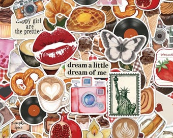 50 Stück Cafe Dessert Aufkleber, süße Aufkleber, Retro Aufkleber, Kaffeeaufkleber, ästhetische Aufkleber für Journals, Bäckereiboxen, Cafefans