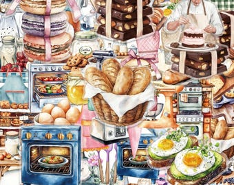Pacote com 50 adesivos transparentes de PET para confeitaria e cozinha, ideais para decorar livros de receitas, diários e outros itens de decoração de cozinha.