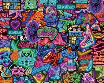 Pacote com 100 adesivos neon de hóquei no gelo. Adesivos de hóquei, adesivos neon, adesivos esportivos, adesivos de times para capacetes, copos térmicos e decoração de armários.