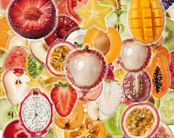 50 STÜCKE Klare PET-Obst-Aufkleber, klare Aufkleber, Obst-Aufkleber, Sommer-Aufkleber, saftige Aufkleber für Telefonhüllen, Flaschen, Sammelalben