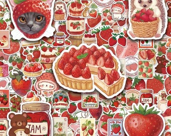 Pacote com 50 adesivos de gelatina de morango, adesivos doces, adesivos de frutas vermelhas, adesivos estilo cottagecore, adesivos vermelhos para cartões de receitas, bandejas de chá, piqueniques.