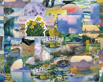 Pacote com 55 adesivos de arte impressionista, adesivos vintage, adesivos de paisagens, adesivos de flores, adesivos de pinturas para diários, agendas e estudantes.