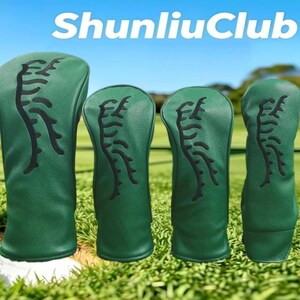 May include: A set of four green golf club head covers featuring a black embroidered branch-like design on the front. The text ShunliuClub is displayed in white at the top of the image. Each cover has a smooth texture and rounded top shape.