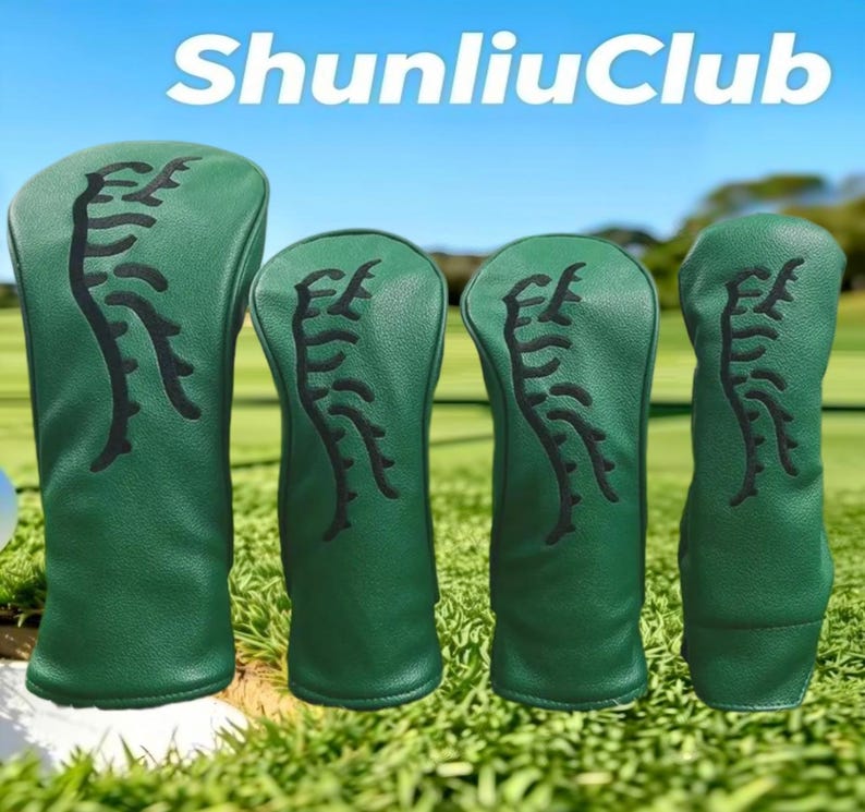May include: A set of four green golf club head covers featuring a black embroidered branch-like design on the front. The text ShunliuClub is displayed in white at the top of the image. Each cover has a smooth texture and rounded top shape.