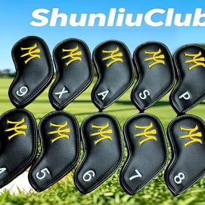 May include: A set of ten black golf iron head covers featuring yellow embroidered logos and white numbers or letters including 4, 5, 6, 7, 8, 9, X, A, S, and P. The text ShunliuClub is displayed at the top of the collection of protective covers.