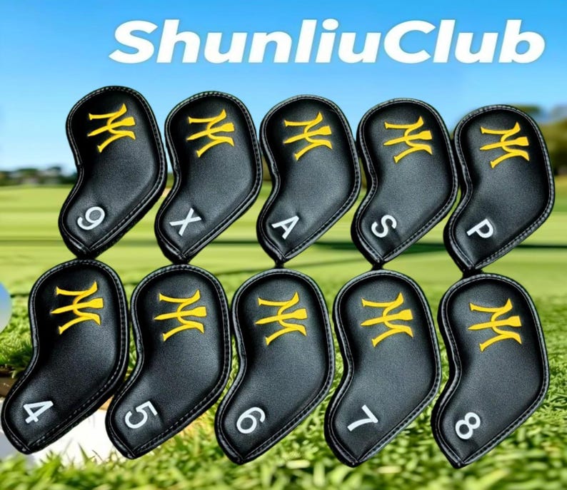 May include: A set of ten black golf iron head covers featuring yellow embroidered logos and white numbers or letters including 4, 5, 6, 7, 8, 9, X, A, S, and P. The text ShunliuClub is displayed at the top of the collection of protective covers.