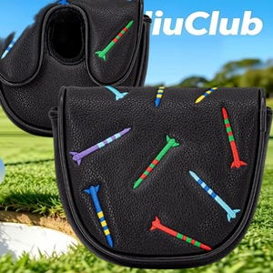 May include: A black textured golf putter headcover featuring embroidered multi-colored golf tee patterns in red, green, blue, yellow, and purple. The word "DiuClub" is printed in white text at the top right corner of the image.