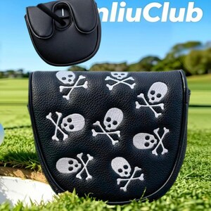 May include: A black mallet putter headcover featuring a white embroidered skull and crossbones pattern. The cover has a textured faux leather finish and a magnetic closure. A smaller view of the top of the headcover is included, with the text "nliuClub" visible in the upper right corner.