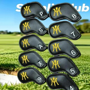 May include: A set of ten black golf club head covers featuring yellow embroidered logos and white lettering for P, 8, S, 7, A, 6, X, 5, 9, and 4. Each cover has a curved shape designed to protect the club head from impact and scratches.