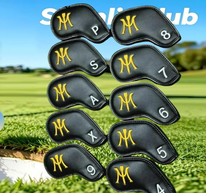 May include: A set of ten black golf club head covers featuring yellow embroidered logos and white lettering for P, 8, S, 7, A, 6, X, 5, 9, and 4. Each cover has a curved shape designed to protect the club head from impact and scratches.
