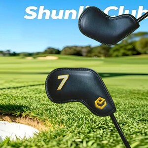 May include: Two black golf club head covers with stitched edges. One cover features a yellow embroidered number 7 and a yellow hexagonal logo. The other cover is plain black. The text ShunliClub is visible in the upper portion of the image.