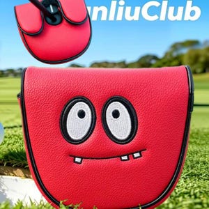 May include: A red mallet putter headcover with black trim, featuring an embroidered cartoon face with large white eyes and two small teeth. The cover has a textured surface and is shown from two angles, with the text "nliuClub" visible.