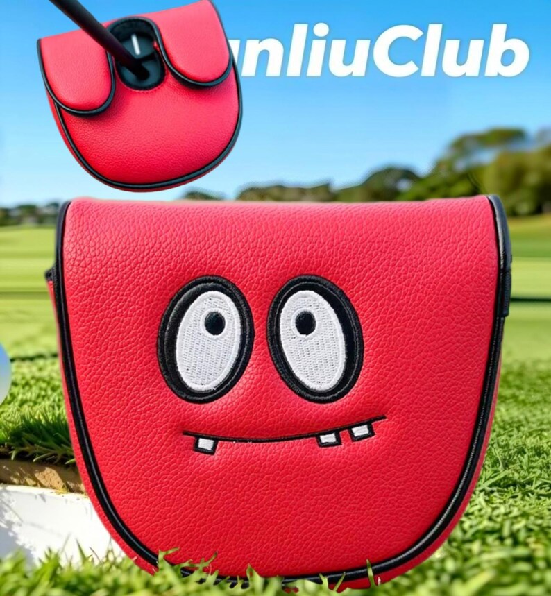 May include: A red mallet putter headcover with black trim, featuring an embroidered cartoon face with large white eyes and two small teeth. The cover has a textured surface and is shown from two angles, with the text "nliuClub" visible.