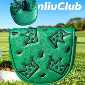 May include: A green mallet putter headcover featuring a textured surface with embroidered black crown motifs and scattered black seed-like shapes. The cover includes a top view showing the opening for the putter shaft and the text nliuClub.