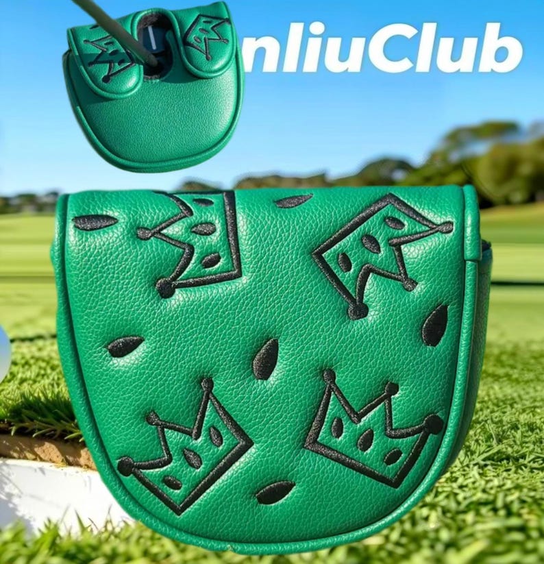 May include: A green mallet putter headcover featuring a textured surface with embroidered black crown motifs and scattered black seed-like shapes. The cover includes a top view showing the opening for the putter shaft and the text nliuClub.