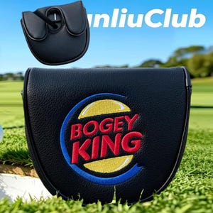 May include: A black leather-textured golf putter headcover featuring an embroidered logo with the text BOGEY KING in red letters over a yellow circle and blue crescent. A smaller view shows the top of the headcover with a central opening.