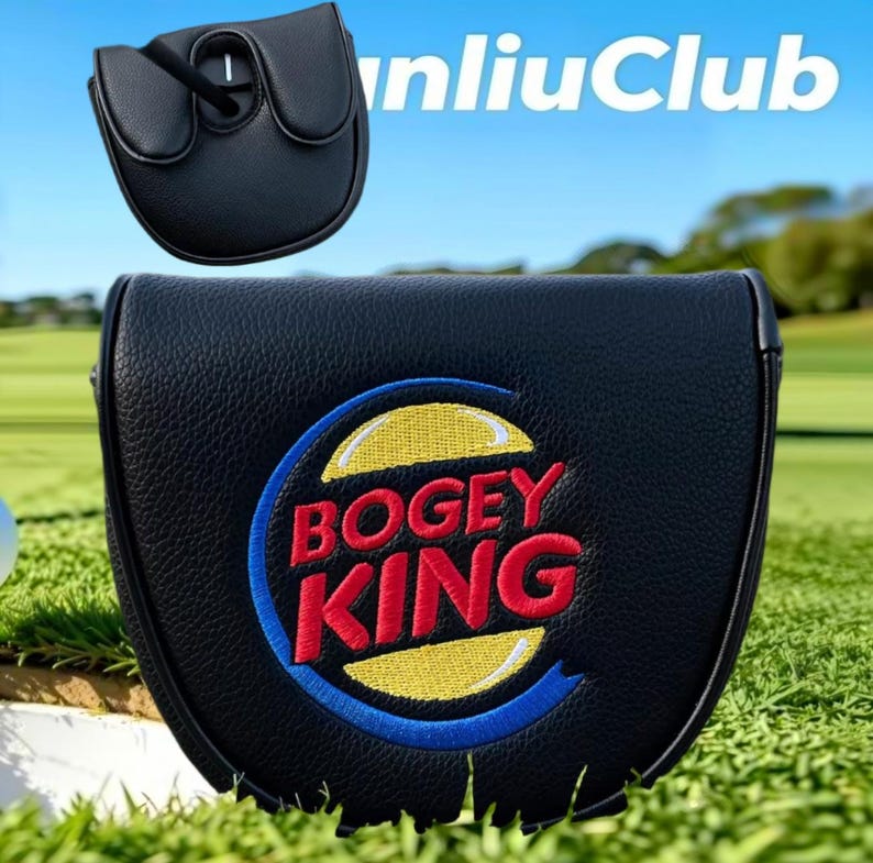 May include: A black leather-textured golf putter headcover featuring an embroidered logo with the text BOGEY KING in red letters over a yellow circle and blue crescent. A smaller view shows the top of the headcover with a central opening.