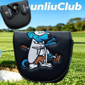 May include: A black leather golf putter headcover featuring an embroidered graphic of a blue mouse wearing a white cap and jacket, holding a golf club. The design includes brown shorts and white shoes. The cover has a magnetic closure mechanism.