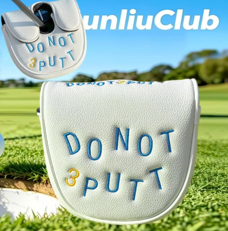 May include: A white golf putter headcover with a textured surface featuring the embroidered blue text DO NOT and the yellow number 3 followed by the blue text PUTT. The design is repeated on the top edge of the cover in a smaller font size.