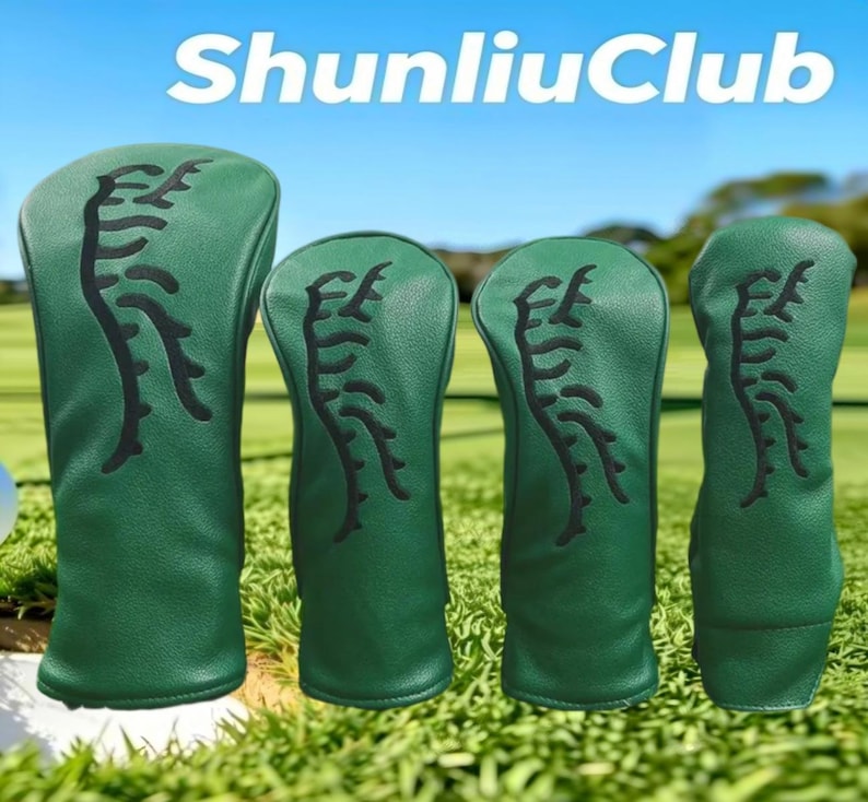 May include: A set of four green golf club head covers featuring a black embroidered branch-like design on the front. The text ShunliuClub is displayed in white at the top of the image. Each cover has a smooth, textured surface finish.