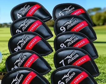 10Pcs Mizuno FORGEO Golf Club Iron Headcovers PU Leather Magnetic Black/Red 3-9ASP